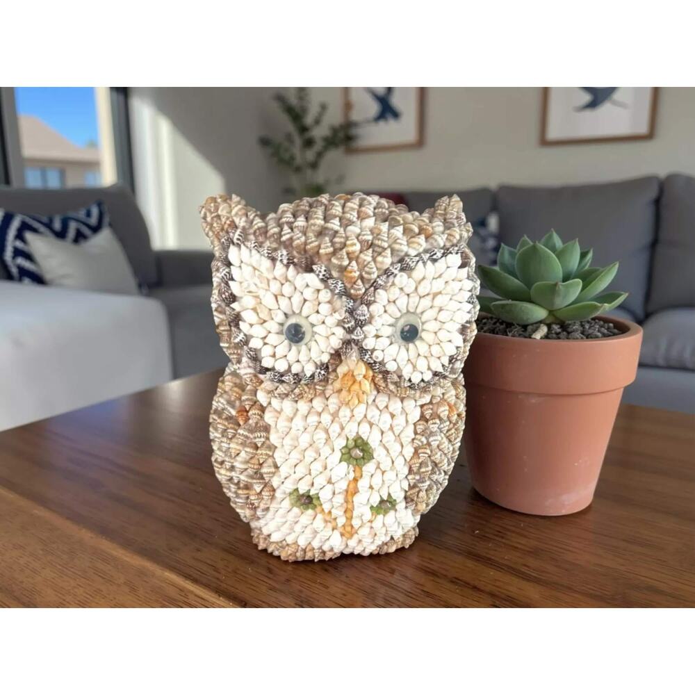 Vintage Handmade Shell Owl Figurine Coastal Beach House Decor